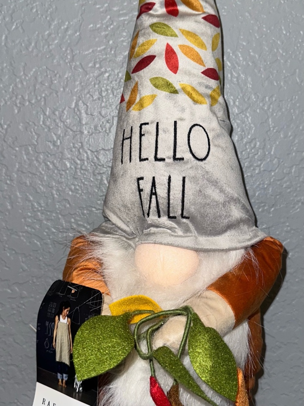 Rae Dunn Hello Fall Gnome Plush with Orange Outfit and Green Leaves